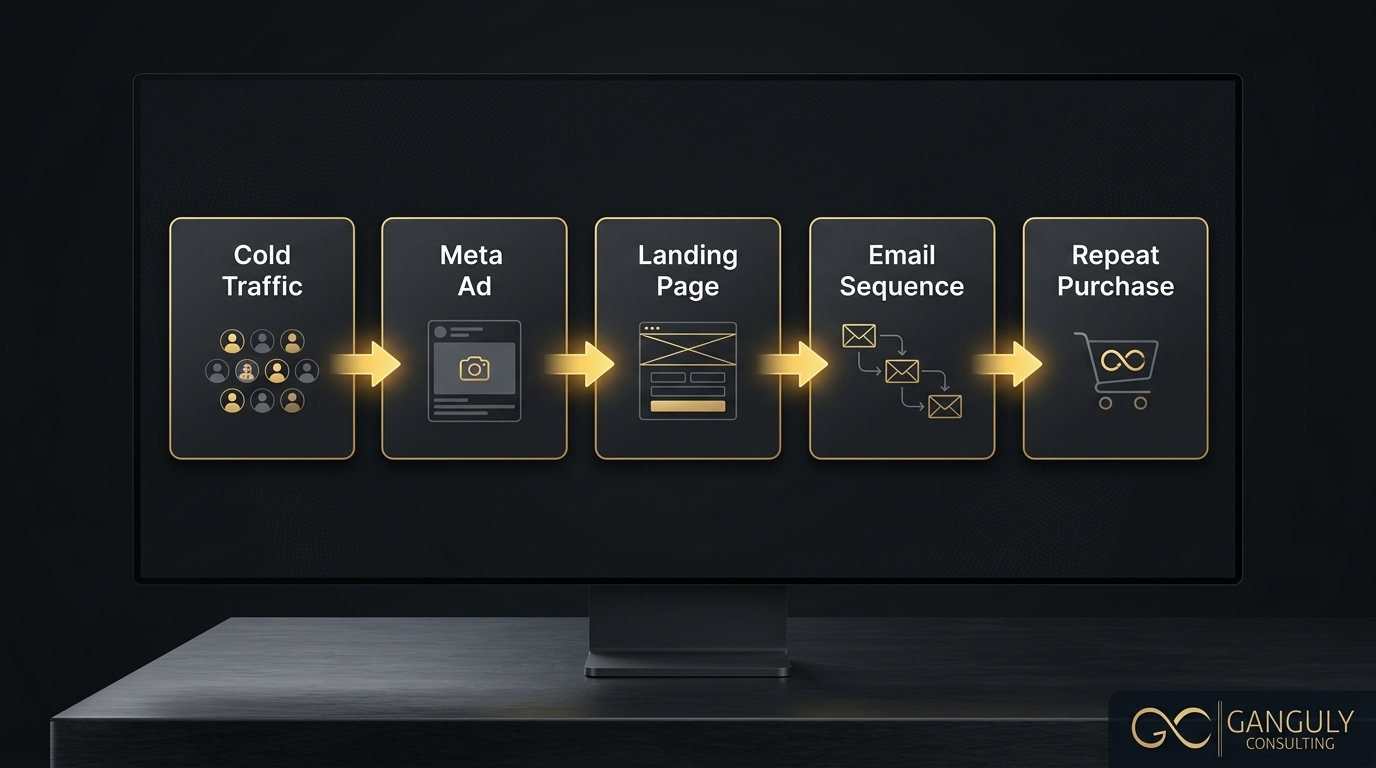 Ganguly Consulting — ecommerce marketing funnel showing cold traffic flowing through Meta ad, landing page, email sequence, and repeat purchase stages with gold connecting arrows