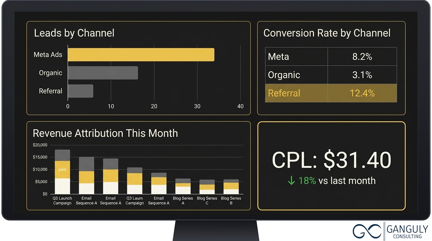 Ganguly Consulting — marketing attribution dashboard showing leads by channel, conversion rates, revenue attribution by campaign, and CPL trend metrics