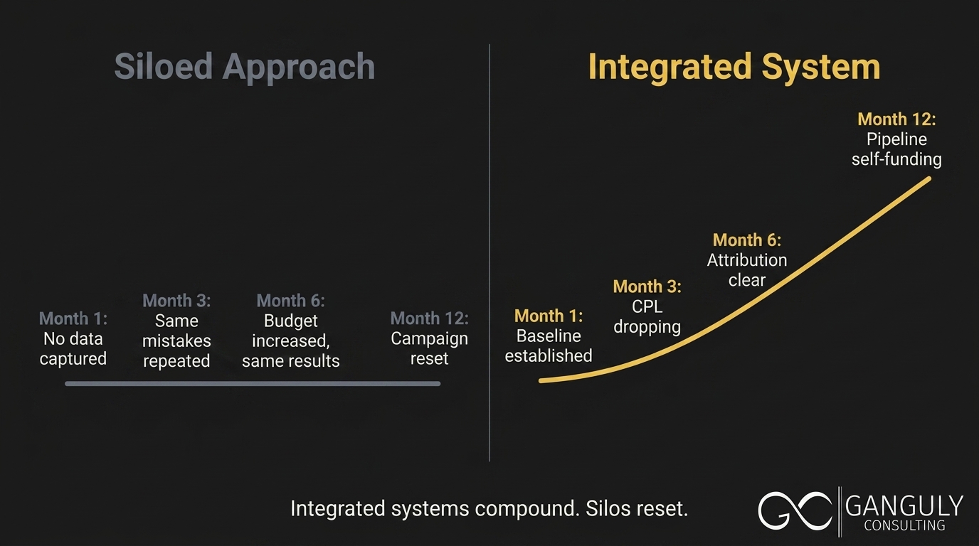 Ganguly Consulting — split timeline showing siloed marketing producing flat ROI over 12 months versus an integrated system producing a compounding improvement curve